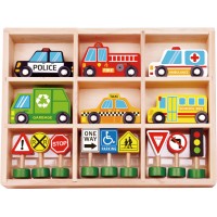 Wooden Vehicles and Traffic Signs Set 16-piece