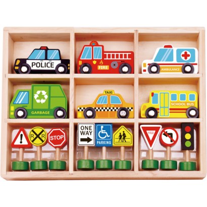 Wooden Vehicles and Traffic Signs Set 16-piece