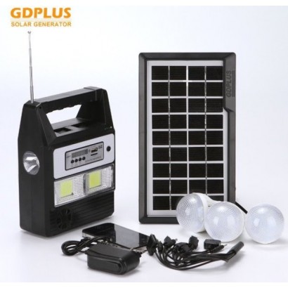 Ηλιακό σύστημα φωτισμού - φόρτισης , USB-SD, Mp3 Player, FM Radio, 3  LED 100LM  και τηλεχειριστήριο GD PLUS