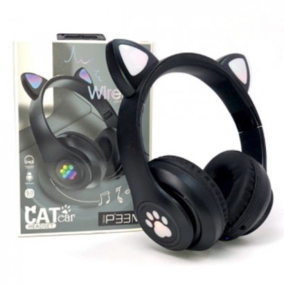 Επαναφορτιζόμενα ασύρματα ακουστικά για παιδιά με LED αυτιά γάτας μαύρα