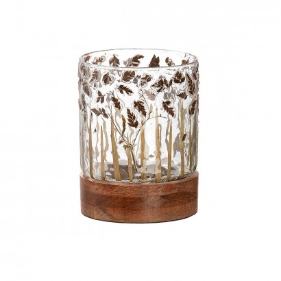 Κηροπήγιο ArteLibre Με Διακόσμηση Φύλλα Διάφανο-Καφέ Γυαλί-Ξύλο 13.5cm