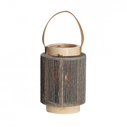 Φανάρι Κυλινδρικό Με Χερούλι Φυσικό-Γκρι Ξύλο-Γυαλί 23cm