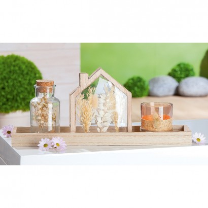 Σετ Κερί Σε Βάζο-Δοχείο-LED Σπιτάκι Σε Δίσκο ArteLibre Γυαλί-Ξύλο 10x40x17cm 3Τμχ