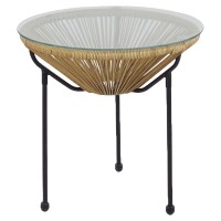 Τραπέζι Κήπου ArteLibre GANYMEDE Φυσικό-Μαύρο Μέταλλο-Γυαλί-Rattan Φ50x50cm