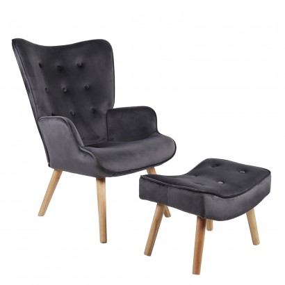 Πολυθρόνα Μπερζέρα Με Υποπόδιο ArteLibre ANIDORI Γκρι Βελούδο-Ξύλο 73x69x96cm