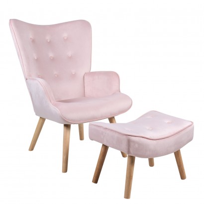 Πολυθρόνα Μπερζέρα Με Υποπόδιο ArteLibre ANIDORI Ροζ Βελούδο-Ξύλο 73x69x96cm