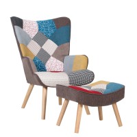 Πολυθρόνα Μπερζέρα Με Υποπόδιο ArteLibre BRIAR Patchwork Ύφασμα-Ξύλο 73x69x96cm