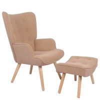 Πολυθρόνα Μπερζέρα Με Υποπόδιο ArteLibre ANIDORI Ανοιχτό Καφέ Ύφασμα-Ξύλο 73x69x96cm