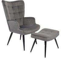 Πολυθρόνα Μπερζέρα Με Υποπόδιο ArteLibre LENNOX Γκρι Βελούδο-Ξύλο 96x68x73cm