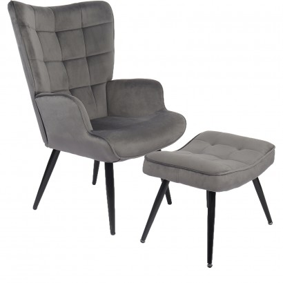 Πολυθρόνα Μπερζέρα Με Υποπόδιο ArteLibre LENNOX Γκρι Βελούδο-Ξύλο 96x68x73cm