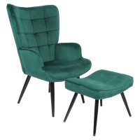 Πολυθρόνα Μπερζέρα Με Υποπόδιο ArteLibre LENNOX Πράσινο Βελούδο-Ξύλο 96x68x73cm