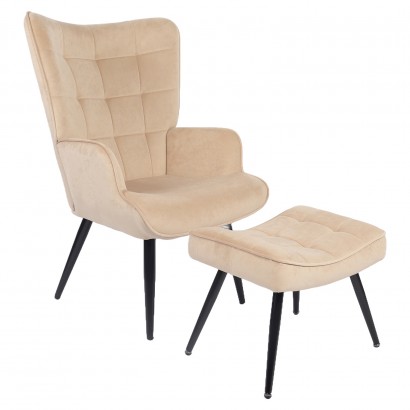 Πολυθρόνα Μπερζέρα Με Υποπόδιο ArteLibre LENNOX Μπεζ Βελούδο-Ξύλο 96x68x73cm