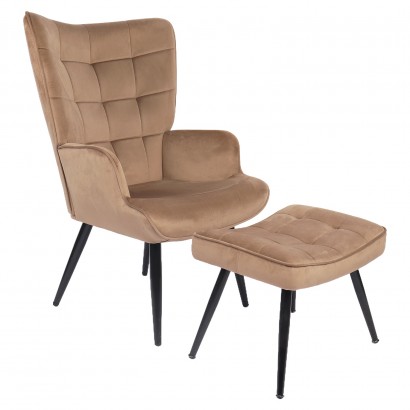 Πολυθρόνα Μπερζέρα Με Υποπόδιο ArteLibre LENNOX Καφέ Βελούδο-Ξύλο 96x68x73cm