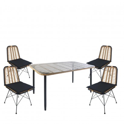 Σετ Τραπεζαρία Κήπου ArteLibre ANNIUS Φυσικό-Μαύρο Μέταλλο-Rattan-Γυαλί Με 4 Καρέκλες 14990301