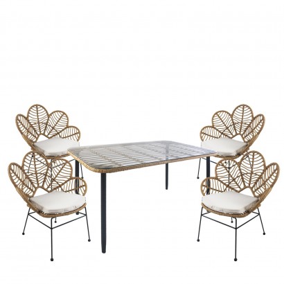 Σετ Τραπεζαρία Κήπου ArteLibre ANNIUS Φυσικό-Μαύρο Μέταλλο-Rattan-Γυαλί Με 4 Καρέκλες 14990317