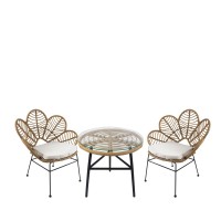 Σετ Τραπεζαρία Κήπου ArteLibre ARELLIUS Φυσικό-Μαύρο Μέταλλο-Rattan-Γυαλί Με 2 Καρέκλες 14990357