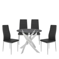 Σετ Τραπεζαρία (4+1) ArteLibre HEKLA Λευκό-Γκρι-Μαύρο Μέταλλο-PVC-Γυαλί 90x90x74cm