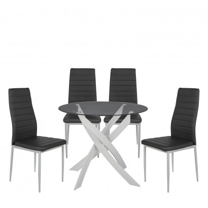 Σετ Τραπεζαρία (4+1) ArteLibre HEKLA Λευκό-Γκρι-Μαύρο Μέταλλο-PVC-Γυαλί 90x90x74cm