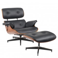 Πολυθρόνα Relax ArteLibre MIREN Με Υποπόδιο Μαύρο-Καφέ Ξύλο-PU 82x92x78cm