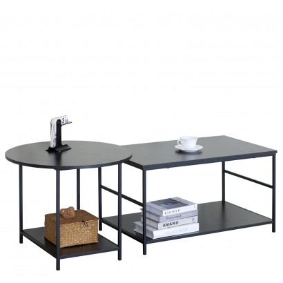 Τραπεζάκι Σαλονιού ArteLibre ROWDEN Μαύρο Μάρμαρο Μοριοσανίδα-Μέταλλο 60x60x50-80x47x45cm Σετ 2Τμχ