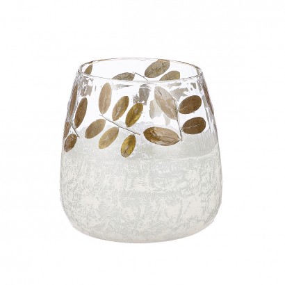 Κηροπήγιο ArteLibre Με Διακόσμηση Φύλλα Πράσινο-Λευκό Γυαλί Φ15x16cm