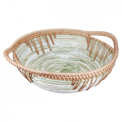 Μπωλ Στρογγυλό 'Fortaleza' Ριγέ Μπαμπού-Ρατάν Εκρού-Πράσινο 30x35.5x11cm