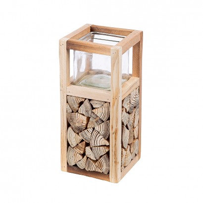 Ανεμοφωτιστικό 'Catasta' Γυαλί-Ξύλο Εκρού 14x14x30cm Ανεμοφωτιστικό 'Catasta' Γυαλί-Ξύλο Εκρού 14x14x30cm