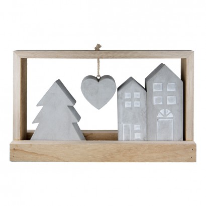 Ανάγλυφο Σταντ Ορθογώνιο 'Casa' Μοτίβο Σπιτιού Τσιμέντο-Ξύλο Εκρού-Γκρι 5x25.5x15cm