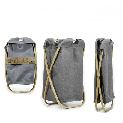 Καλάθι Απλύτων Πτυσσόμενο Με Polyester 600D Θήκη Γκρι-Φυσικό Ύφασμα-Ξύλο 46x36x72cm