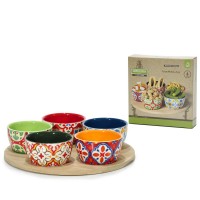 Δίσκος Σερβιρίσματος Ορεκτικών Με 5 Δοχεία Φ10cm Πολύχρωμο Κεραμικό-Μπαμπού Φ28cm
