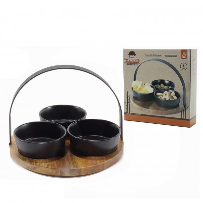 Δίσκος Σερβιρίσματος Με Μεταλλική Λαβή Και 3 Δοχεία Φ10cm Καφέ-Μαύρο Ξύλο-Κεραμικό Φ22x5.5cm