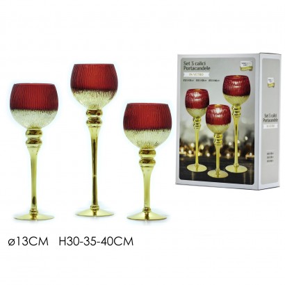 Κηροπήγιο Χρυσό-Κόκκινο Γυαλί 30-35-40cm Σετ 3Τμχ