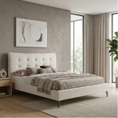 Κρεβάτι Mirel Megapap υφασμάτινο χρώμα ανοιχτό μπεζ 160x200εκ.