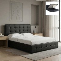 Κρεβάτι Iro Megapap από τεχνόδερμα με αποθηκευτικό χώρο χρώμα μαύρο 150x200εκ.