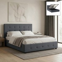 Κρεβάτι Iro Megapap υφασμάτινο με αποθηκευτικό χώρο χρώμα ανθρακί 150x200εκ.