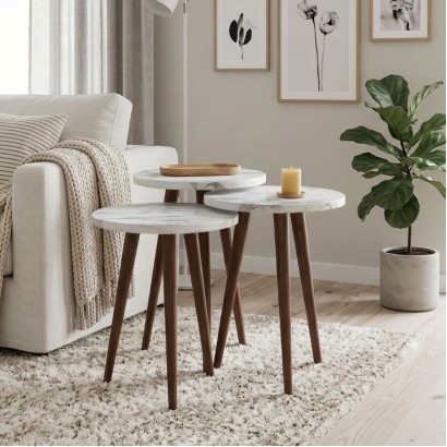 Τραπεζάκι βοηθητικό σετ 3 τμχ Cruz Megapap χρώμα λευκό εφέ μαρμάρου Ø33x46εκ.