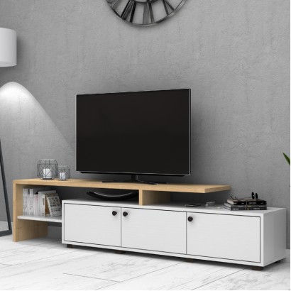 Έπιπλο τηλεόρασης Amadeo Megapap χρώμα λευκό - φυσικό οξιάς 197,5x35x46cm.
