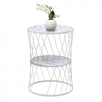 Τραπεζάκι βοηθητικό Jaspin Megapap μεταλλικό - Mdf χρώμα λευκό-λευκό εφέ μαρμάρου 32x32x44εκ.