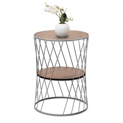 Τραπεζάκι βοηθητικό Jaspin Megapap μεταλλικό - Mdf χρώμα ασημί - καρυδί 32x32x44εκ.