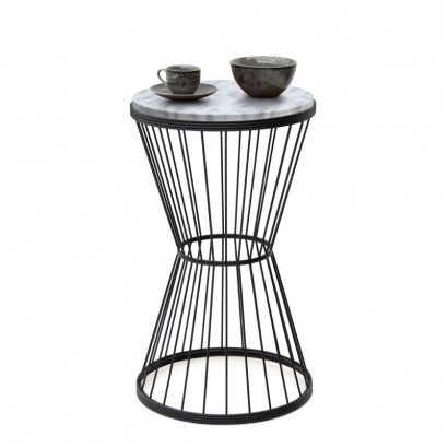 Τραπεζάκι βοηθητικό Hoffman Megapap μεταλλικό - Mdf χρώμα μαύρο - λευκό εφέ μαρμάρου 35x35x58εκ.