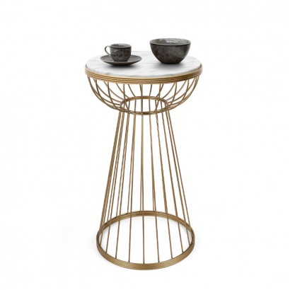 Τραπεζάκι βοηθητικό Mantare Megapap μεταλλικό - Mdf χρώμα χρυσό - λευκό εφέ μαρμάρου 35x35x58εκ.