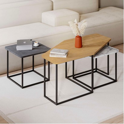 Τραπεζάκι σαλονιού σετ 3 τμχ. Nesty Megapap χρώμα saphhire oak - γκρι ρετρό - λευκό εφέ μαρμάρου 110x60x48εκ.