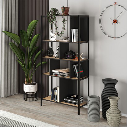 Βιβλιοθήκη Midi Megapap χρώμα sapphire oak - silky black 88x35x175εκ.