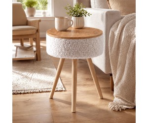 Τραπεζάκι βοηθητικό Luno Megapap ύφασμα teddy χρώμα λευκό - pine oak Ø33x50εκ.