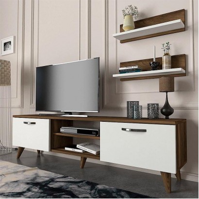 Έπιπλο τηλεόρασης Colin Megapap χρώμα λευκό - καρυδί 150x29,5x40,6εκ.