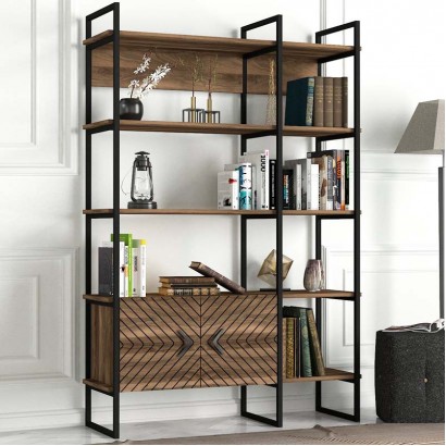 Βιβλιοθήκη Eduardo Megapap μεταλλική - μελαμίνης χρώμα καρυδί 120x39x180εκ.