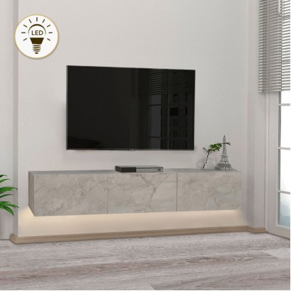 Έπιπλο τηλεόρασης επιτοίχιο Damla Megapap με LED χρώμα λευκό εφέ μαρμάρου 180x29,5x29,5εκ.