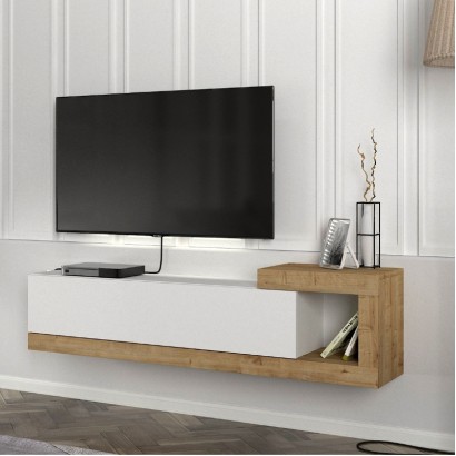 Έπιπλο τηλεόρασης επιτοίχιο Volare Megapap χρώμα λευκό - sapphire oak 150x29,6x38,6εκ.