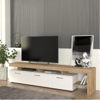 Έπιπλο τηλεόρασης Acnes Megapap χρώμα λευκό - sapphire oak 220x40x52εκ.