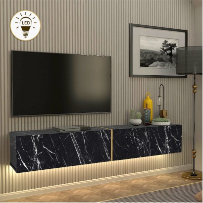 Έπιπλο τηλεόρασης επιτοίχιο Figure Megapap με LED χρώμα μαύρο εφέ μαρμάρου 181,8x31,7x30εκ.